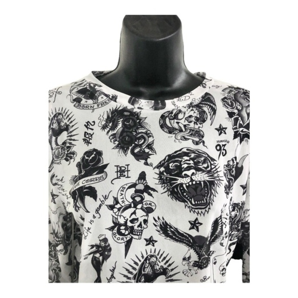 Ed Hardy white iconic Ed Hardy designs printed long‎ sleeve sheer top size large - Picture 6 of 14